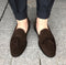 Bespoke Brown Suede Round Toe Tussles Loafer Shoes for Men's - leathersguru