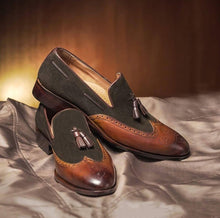 Load image into Gallery viewer, Handmade Brown Leather Suede Tussles Loafers Shoes - leathersguru
