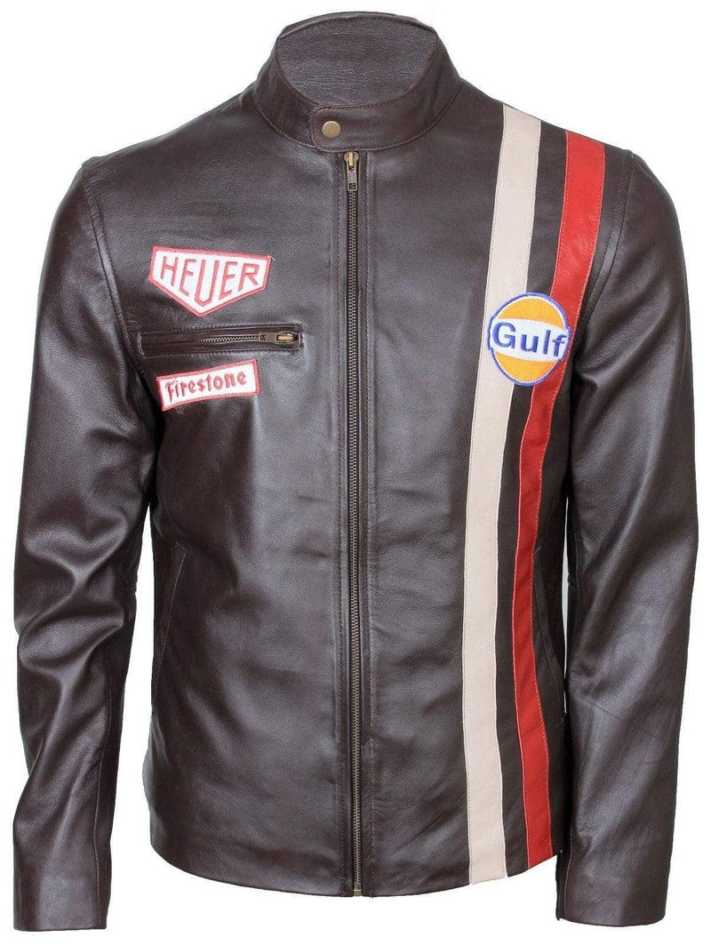White Red Stripped Le Man Grand Prix Gulf Steve McQueen Leather Jacket - leathersguru