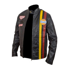 Load image into Gallery viewer, Yellow Red Steve McQueen grand Prix gulf leather Black jacket - leathersguru
