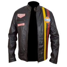 Load image into Gallery viewer, Yellow Red Steve McQueen grand Prix gulf leather Black jacket - leathersguru
