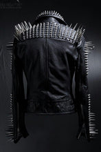 Load image into Gallery viewer, Studded Leather Jacket Women Handmade Full Black Punk Silver Long Spiked 
