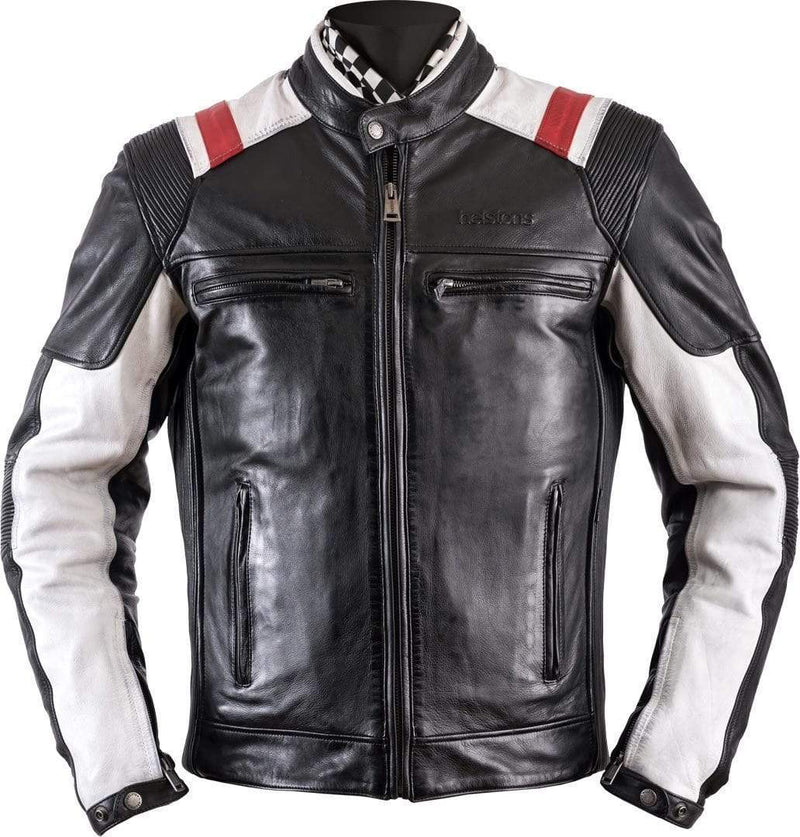 Black White Red Strip Real Leather Pocket Men's Jacket - leathersguru