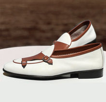 Load image into Gallery viewer, Bespoke White &amp; Brown Leather Monk Strap Shoes for Men&#39;s - leathersguru
