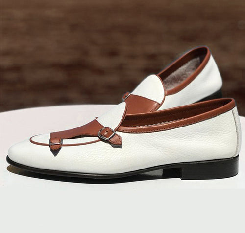 Bespoke White & Brown Leather Monk Strap Shoes for Men's - leathersguru