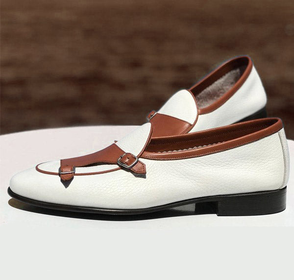 Bespoke White & Brown Leather Monk Strap Shoes for Men's - leathersguru