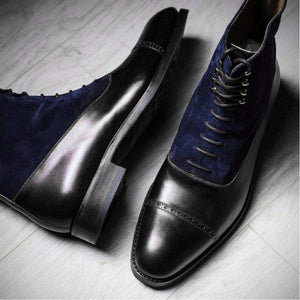 Handmade Men's Ankle Navy Blue Black Leather Suede Cap Toe  Boot - leathersguru
