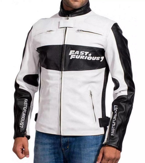 Two Tone Black White Racing Motorcycle Fast & Furious Genuine Leather Handmade Jacket