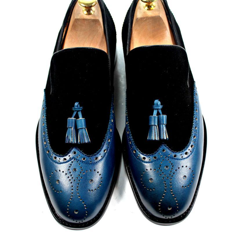 Two Tone Brogue Toe Handmade Genuine Leather Tassel Loafer Slip Ons Men Shoes