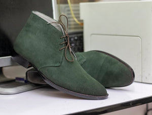Olive Green Handmade Chukka Suede Lace Style Formal Boots For Men's