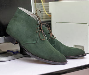 Olive Green Handmade Chukka Suede Lace Style Formal Boots For Men's