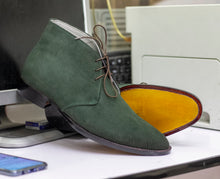 Load image into Gallery viewer, Olive Green Handmade Chukka Suede Lace Style Formal Boots For Men&#39;s
