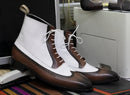 Two Tone Pure Handmade Ankle High Brogue Toe Style Leather Boots For Men's