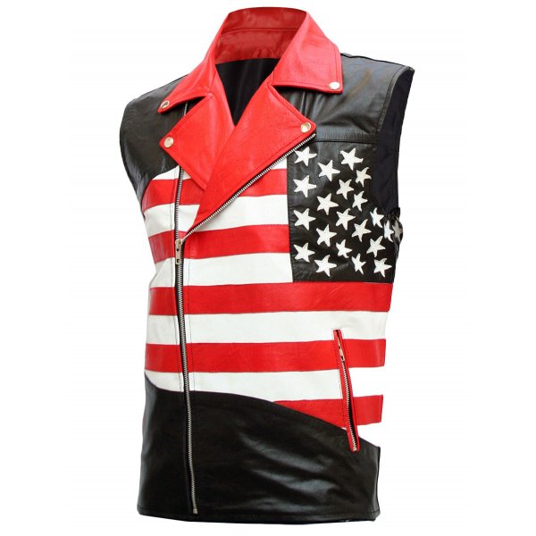 USA Flag Leather Motorcycle Vest for Men