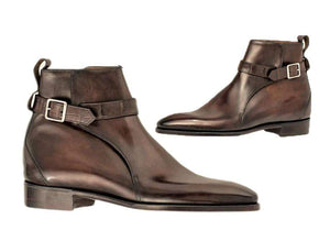 Men's Ankle High Leather Brown Jodhpurs Buckle Boot - leathersguru