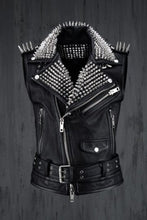 Load image into Gallery viewer, Men Black Punk Silver Long Spiked Studded Leather Buttons Up Vest Silver Studs and Spikes Black Leather Studs Spike
