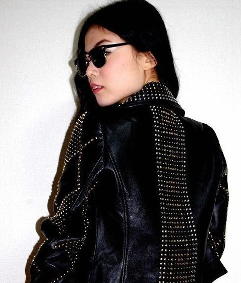 Versace Woman Silver Golden Studded Brando Style Leather Jacket - leathersguru
