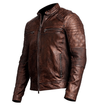 Load image into Gallery viewer, Vintage Cafe Racer Jacket Men Distressed Brown Slim fit Motorcycle Leather Jacket - leathersguru
