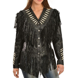 Western Women's Black Cow Leather Jacket with Fringe Style