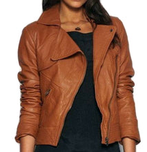 Load image into Gallery viewer, WOMEN TAN BROWN WIDE COLLAR LEATHER JACKET, FASHION LEATHER JACKET WOMENS
