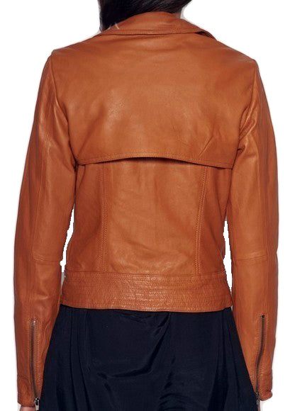 WOMEN TAN BROWN WIDE COLLAR LEATHER JACKET, FASHION LEATHER JACKET WOMENS
