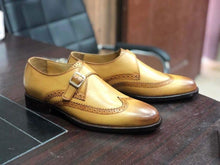 Load image into Gallery viewer, Handmade Tan Color Monk Strap Wing Tip Shoes - leathersguru
