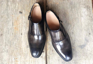 Men's Leather Monk Strap Black Derby Shoes - leathersguru