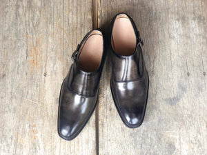 Men's Leather Monk Strap Black Derby Shoes - leathersguru