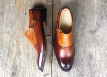 Load image into Gallery viewer, Handmade Men&#39;s Leather Monk Strap Tan Brown Derby Shoes - leathersguru
