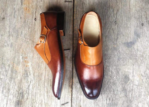 Handmade Men's Leather Monk Strap Tan Brown Derby Shoes - leathersguru