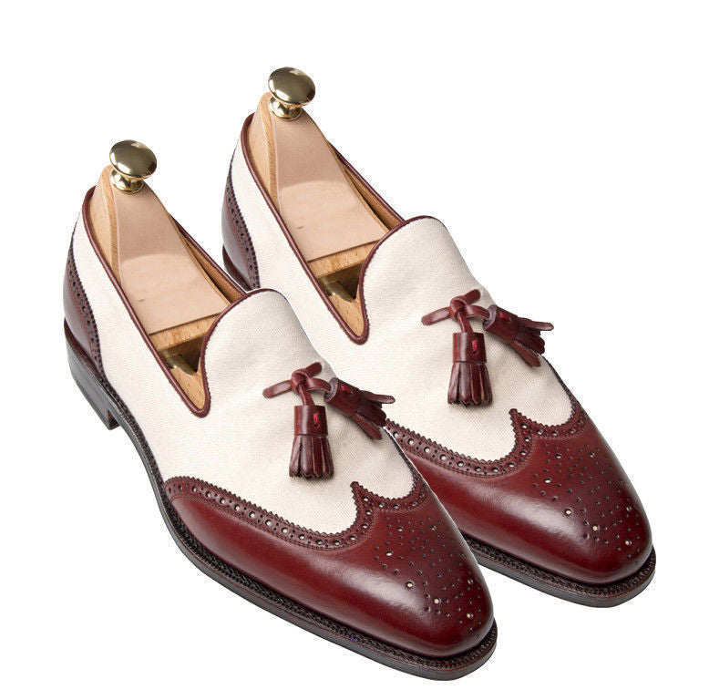 White Maroon Wing Tip Brogues Toe Premium Leather Tassel Loafer SlipOn Men Shoes