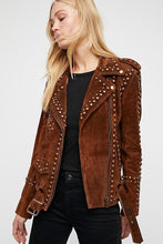 Load image into Gallery viewer, Woman Handmade Brown American Western Were Golden Studded Suede Leather Jacket - leathersguru
