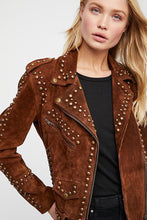 Load image into Gallery viewer, Woman Handmade Brown American Western Were Golden Studded Suede Leather Jacket - leathersguru

