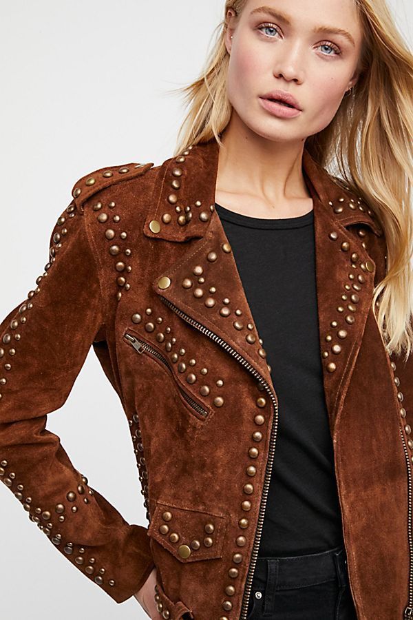 Woman Handmade Brown American Western Were Golden Studded Suede Leather Jacket - leathersguru