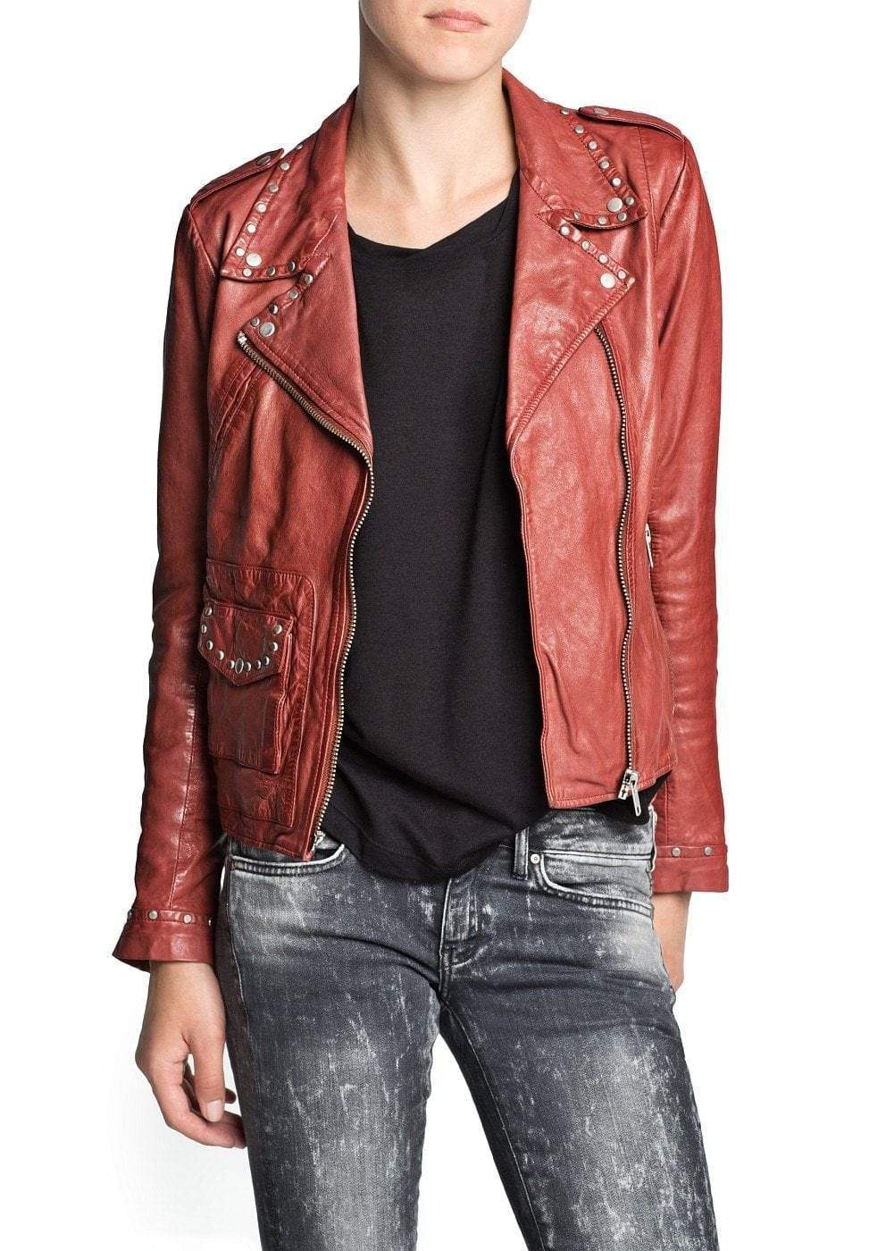 Women Red Genuine Real Leather Jacket Silver Studded Brando Style - leathersguru