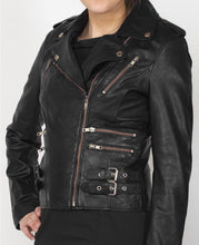 Load image into Gallery viewer, Women Black Zipped Leather Jacket, Women Black Leather Fashion jacket 
