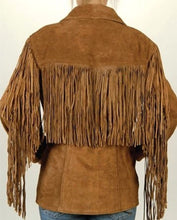 Load image into Gallery viewer, Women Brown Color Real Suede Leather Jacket Sleeves Fringe Front Button Closure
