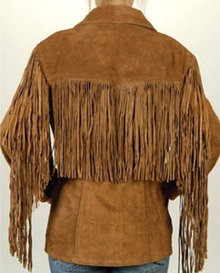 Women Brown Color Real Suede Leather Jacket Sleeves Fringe Front Button Closure