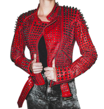 Load image into Gallery viewer, Women Motorcycle Punk Heavy Metal Spiked Tonal Black Studded Red Leather Jacke
