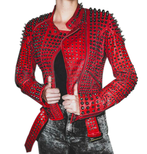 Women Motorcycle Punk Heavy Metal Spiked Tonal Black Studded Red Leather Jacke