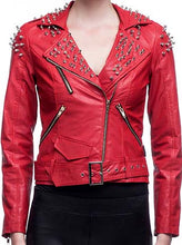 Load image into Gallery viewer, Women Red Studded Fashion Leather Jacket With Shoulder spikes
