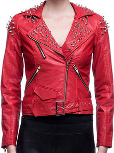 Women Red Studded Fashion Leather Jacket With Shoulder spikes