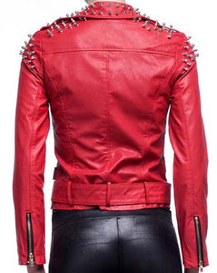 Women Red Studded Fashion Leather Jacket With Shoulder spikes