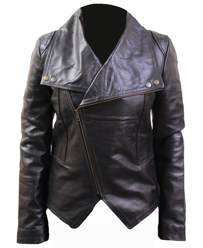 Women’s Big Wide Collar Black Biker Leather Jacket