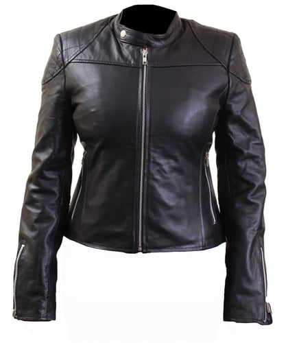 Women’s Cross Shoulder Black Biker Leather Jacket