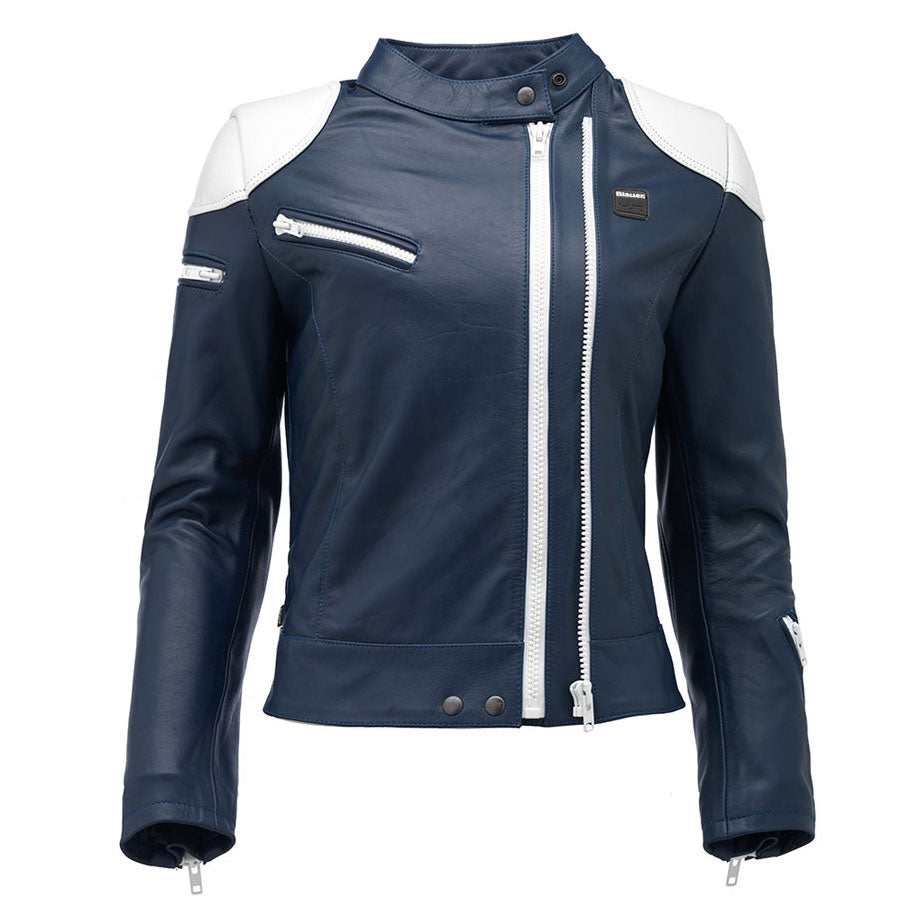 leathersguru Women's Custom Made Blauer Charlie Lady Blue & White Color 100% Pure Cowhide Leather Fashion Biker Jacket 5-Large