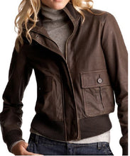 Load image into Gallery viewer, Women&#39;s Leather Jacket, Women&#39;s Brown Bomber Leather Jacket, Women Biker Jacket
