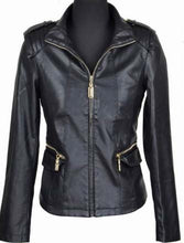 Load image into Gallery viewer, Women black leather Jacket front zipper, women Stylish Black biker Leather Jacket, women Leather Jacket
