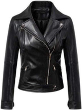 Load image into Gallery viewer, Women&#39;s Black Leather Jacket Slim Fit Biker Motorcycle Coat - leathersguru
