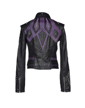 Load image into Gallery viewer, Women&#39;s Burnished Two Tone Black Purple Leather Silver Small Studs Jacket - leathersguru
